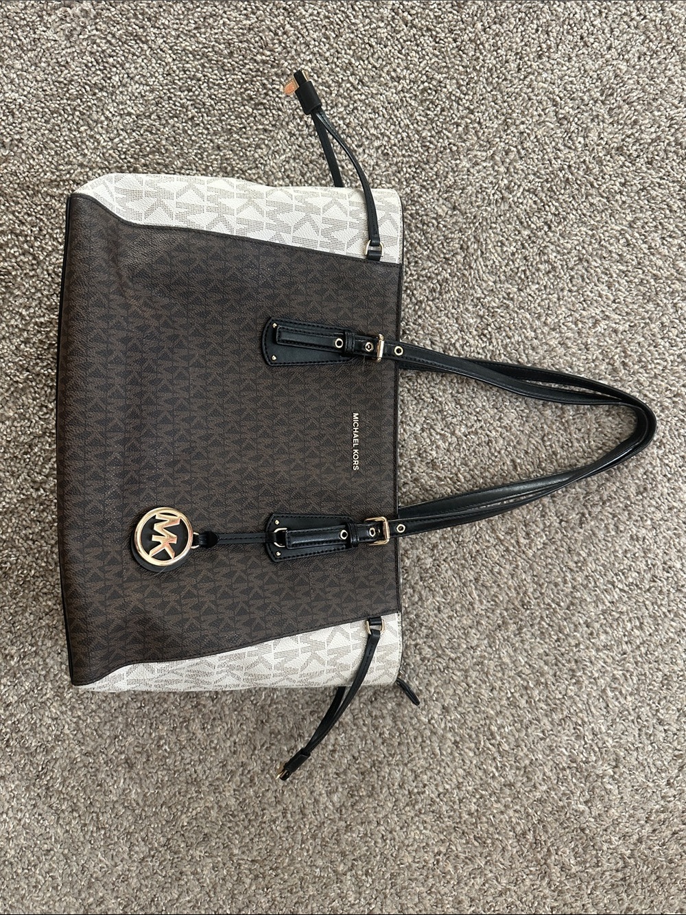 Michael Kors Brown, White & Black Logo Tote with Gold Hardware